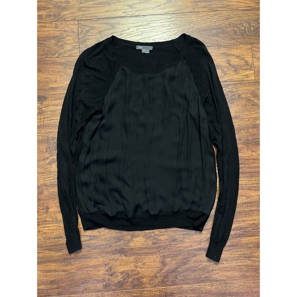 VINCE Womens Black 2 Tone Silk Sheer Front Pullover Blouse Top Medium